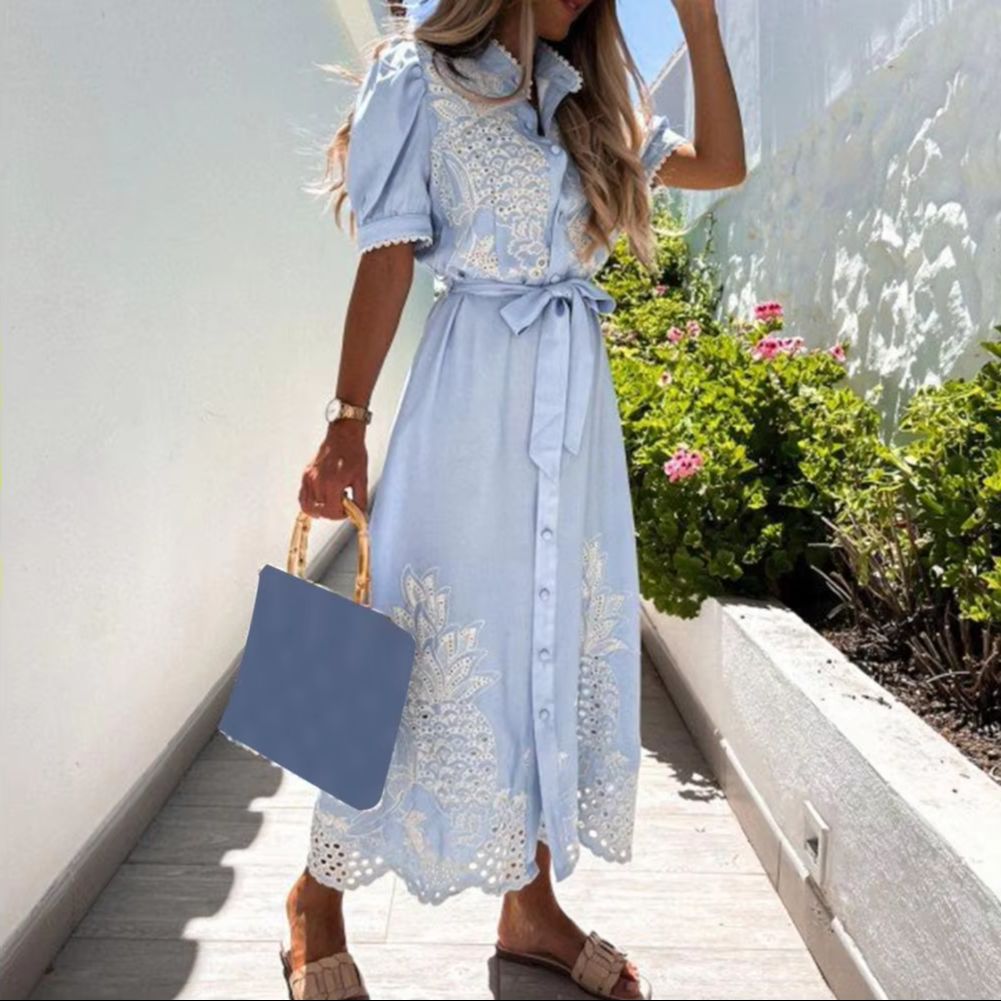 2025 femmes robe évider broderie simple boutonnage grand ourlet à lacets grand ourlet Maxi robe cheville longueur femmes plage robe d'été