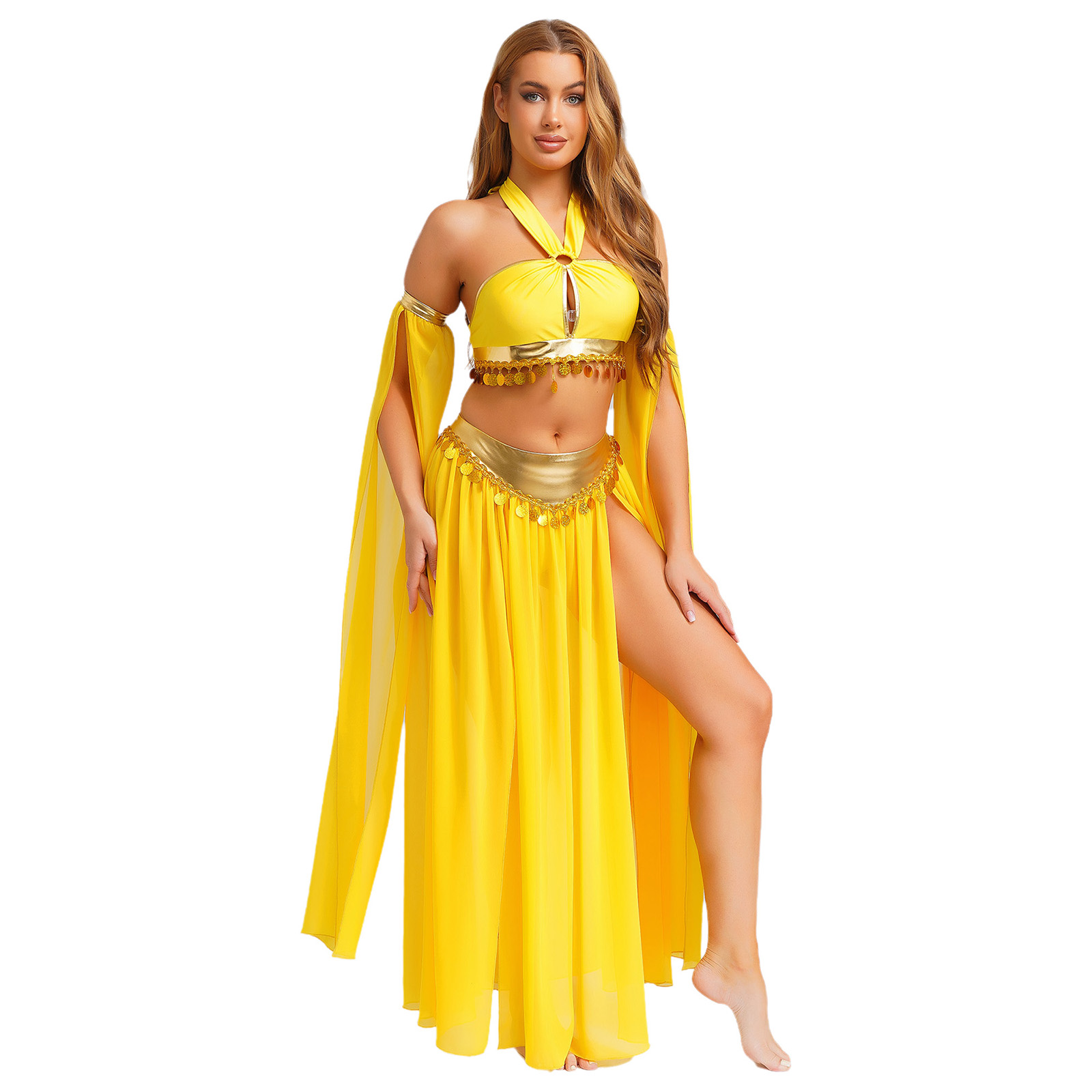 Cospaly – vêtements de danse orientale arabe pour femmes, Costume de spectacle ethnique du ventre, col licou, Costumes de Festival à paillettes, jupe en mousseline de soie