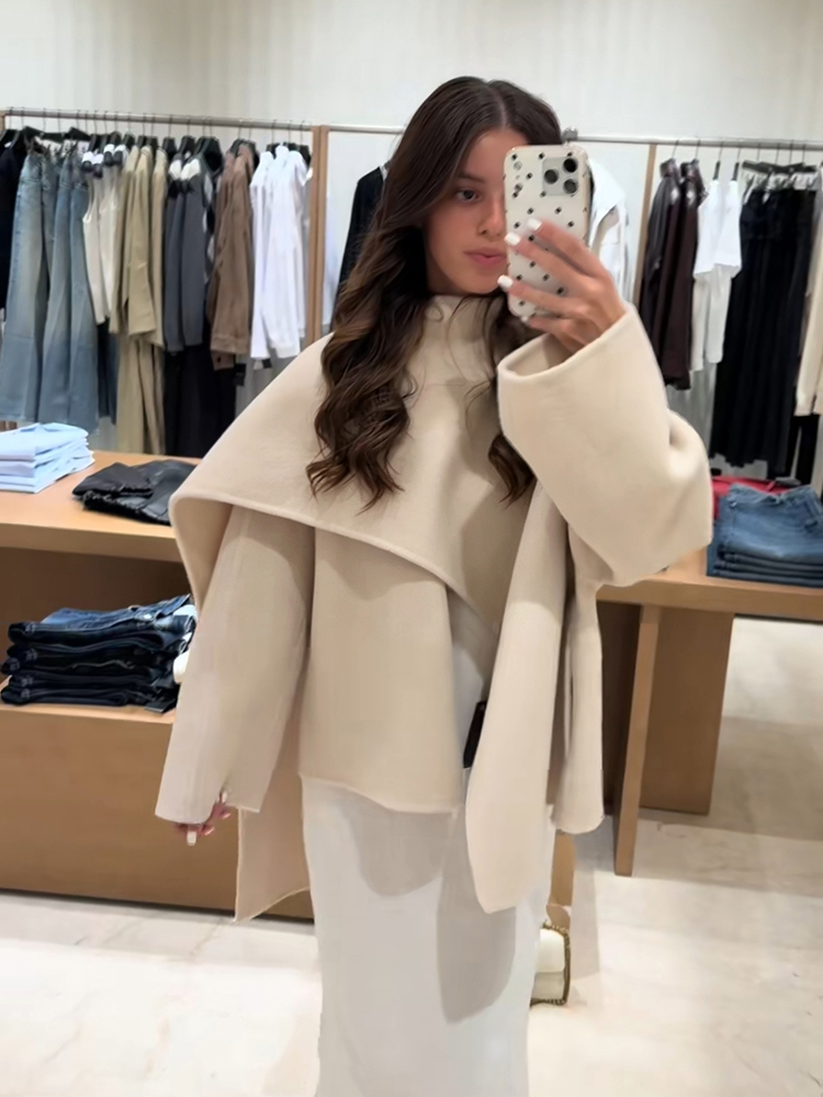 Manteau pour femme, col écharpe, manteau uni à manches longues, coupe ample, manteau asymétrique drapé, vêtement d'extérieur élégant et décontracté pour femme