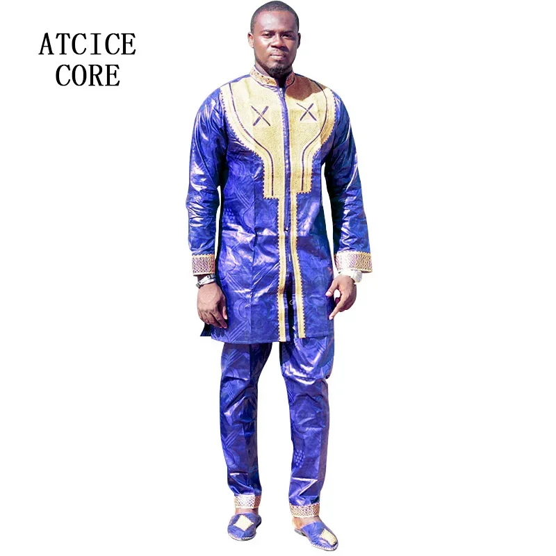 Bazin Riche Africain Traditionnel pour Homme, Tenue avec Broderie, un Haut, un Pantalon Sans Chaussures