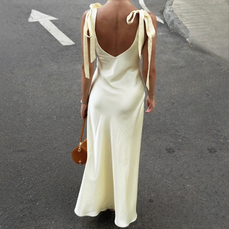 Robe longue élégante Talenza pour femme, col en V, dos nu sexy, en dentelle, sans manches, taille haute, pour soirée et fête