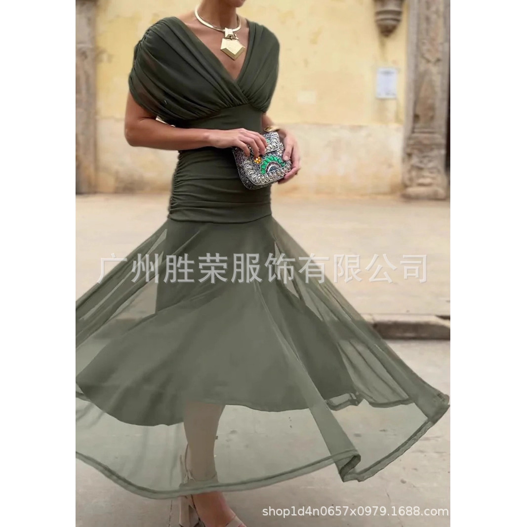 Robe à imprimé uni pour femmes européennes et américaines, col en V profond, taille cintrée, épaules dénudées, deux styles de port, grande jupe évasée