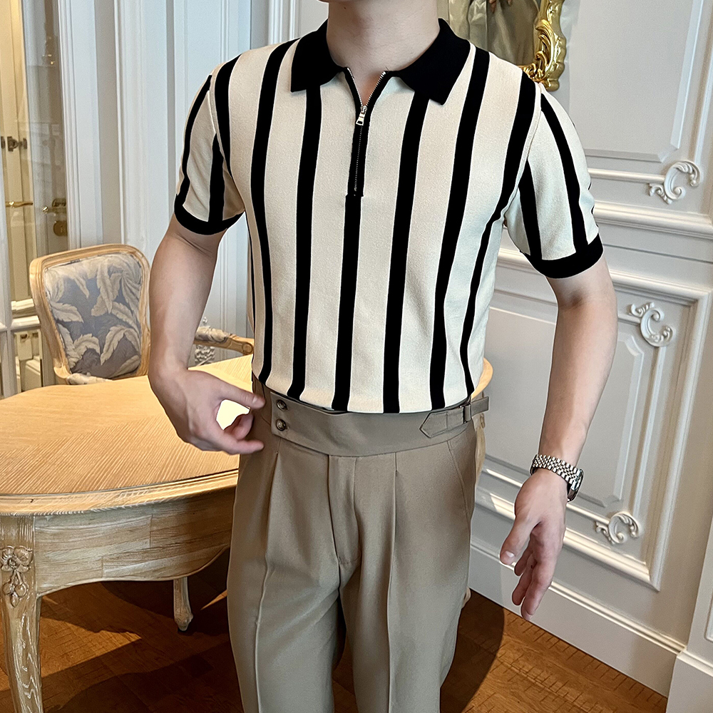 Polo rayé à manches courtes pour hommes, vêtements de loisirs, t-shirts rétro, tricots respirants, mode coréenne, luxe abordable, fermeture éclair