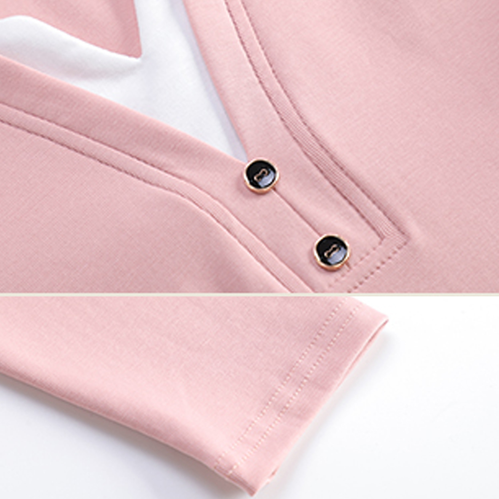 T-shirt rose à manches longues de style coréen pour femmes, nouvelle mode d'automne en coton, grande taille, boutons, coupe cintrée, faux haut deux pièces à col en v