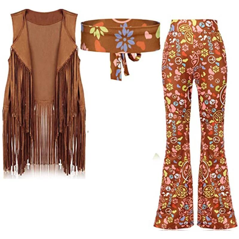 Costume pour femmes des années 60 et 70, tenue disco hippie, veste à franges, pantalon bohème, ensemble d'accessoires pour adultes, Halloween, Mardi Gras, carnaval