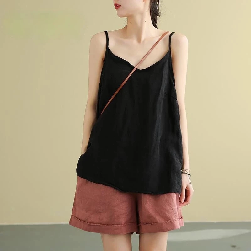 Hauts pour femmes, bretelles Spaghetti, Camis en coton et lin, col en V, Camisole d'été décontractée, sans manches, lin, débardeurs amples, 2025