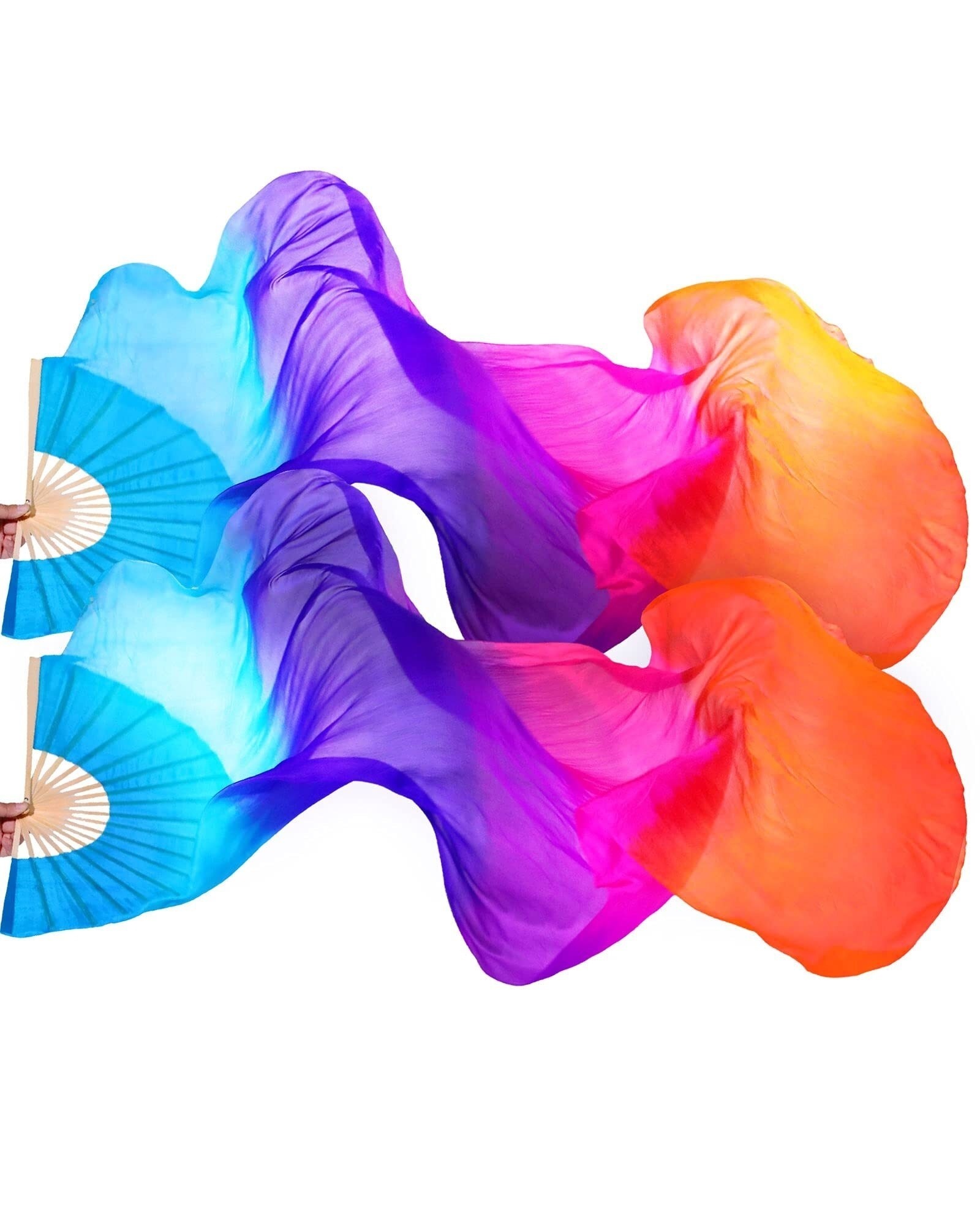 1 paire (gauche + droite) d'éventails de danse orientale pour femmes, éventail long pliable en bambou coloré avec rubans en soie imitation, 180 cm