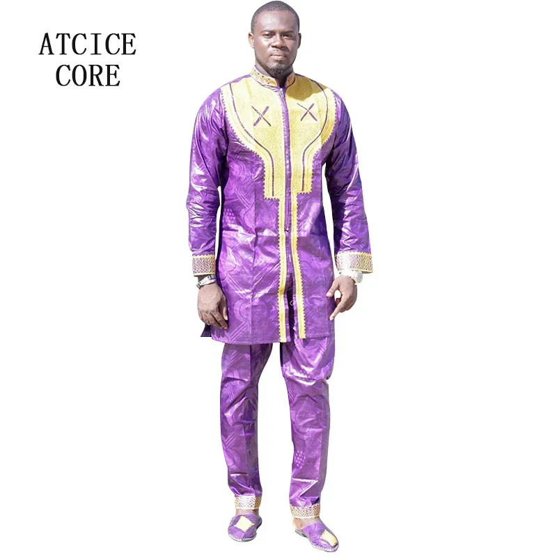 Bazin Riche Africain Traditionnel pour Homme, Tenue avec Broderie, un Haut, un Pantalon Sans Chaussures