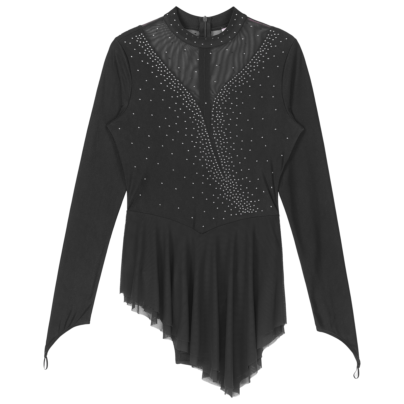 Robe de patinage artistique pour femmes, danse lyrique, Ballet, gymnastique, acrobatie, justaucorps, Tutu, manches longues, strass brillants, maille transparente