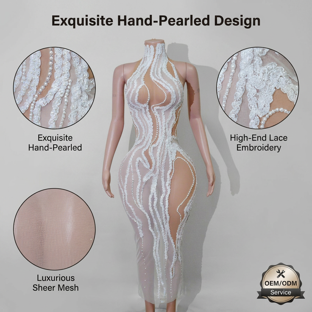 Robe midi blanche en maille transparente ornée de perles et de paillettes, tenue de scène pour Drag Queen, robe de concours ornée de strass, tenue de festival, tenue de rave, robe de fête d'anniversaire