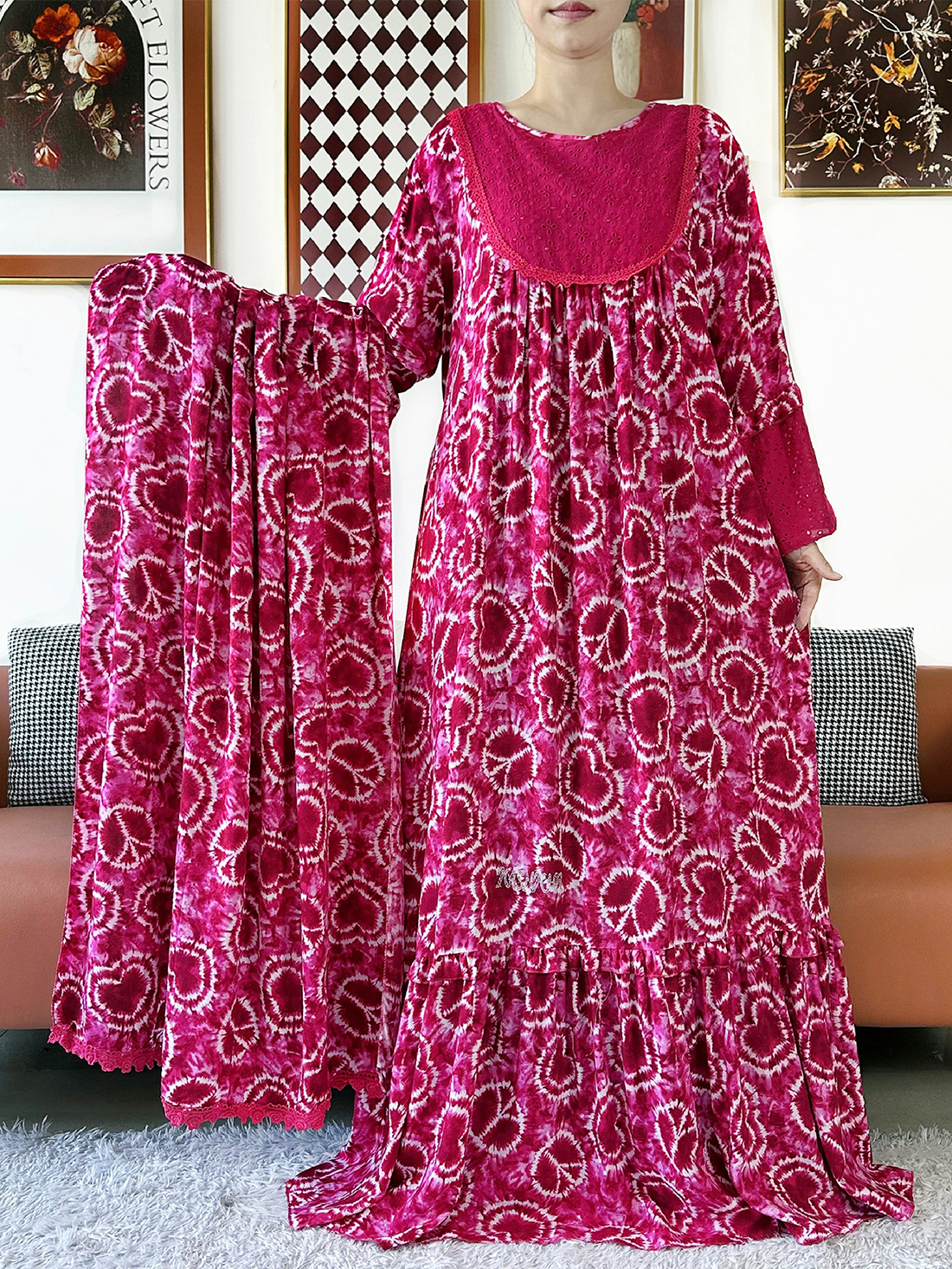 Robe ample musulmane Ramadan 2026 style africain Boubou KASHKHA en dentelle et coton brodé avec grand foulard brodé – Robe longue