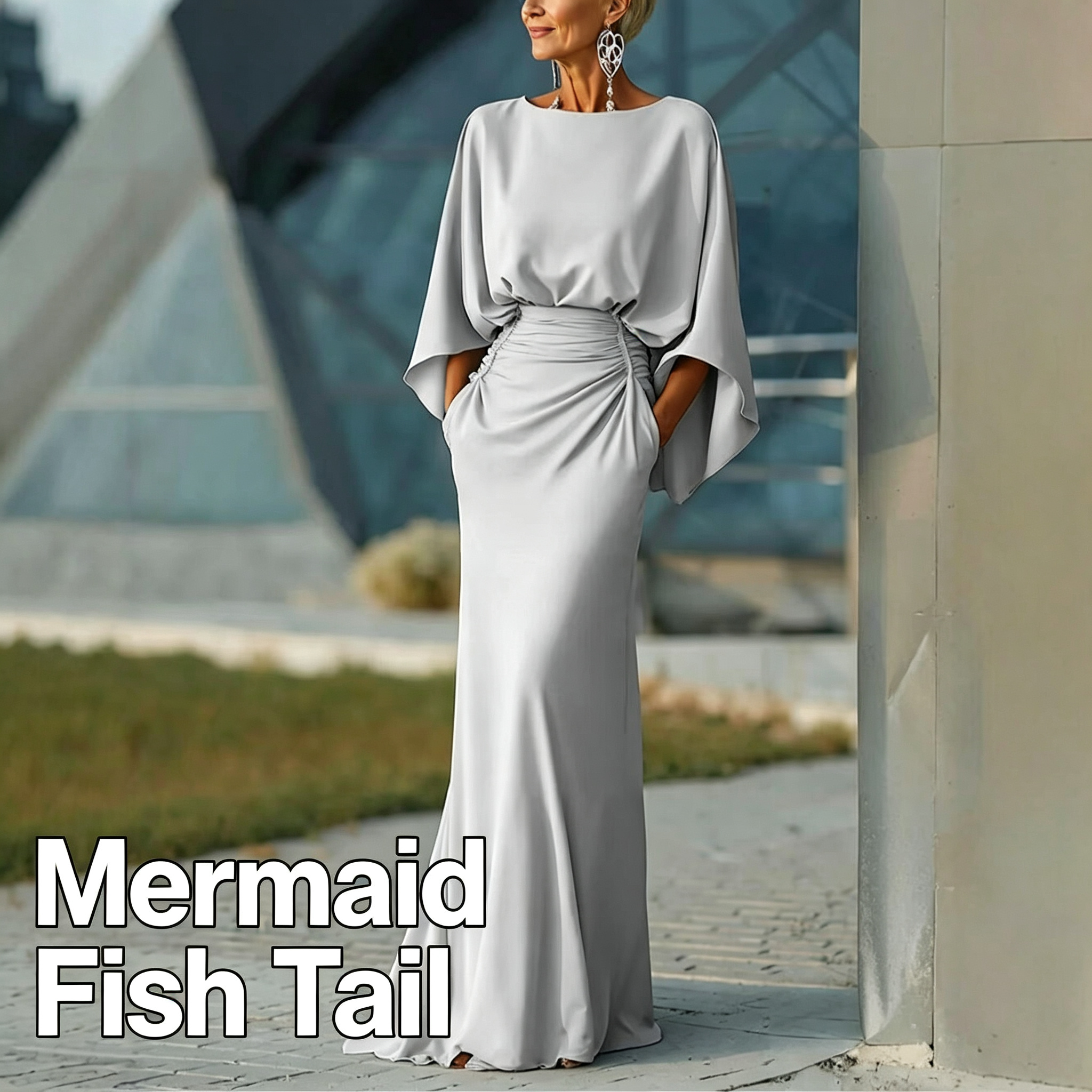 Robe de soirée élégante à manches chauve-souris, dos nu, taille froncée, coupe sirène, longue, formelle, pour invitées de mariage, soirée ou bal de promo, avec poches