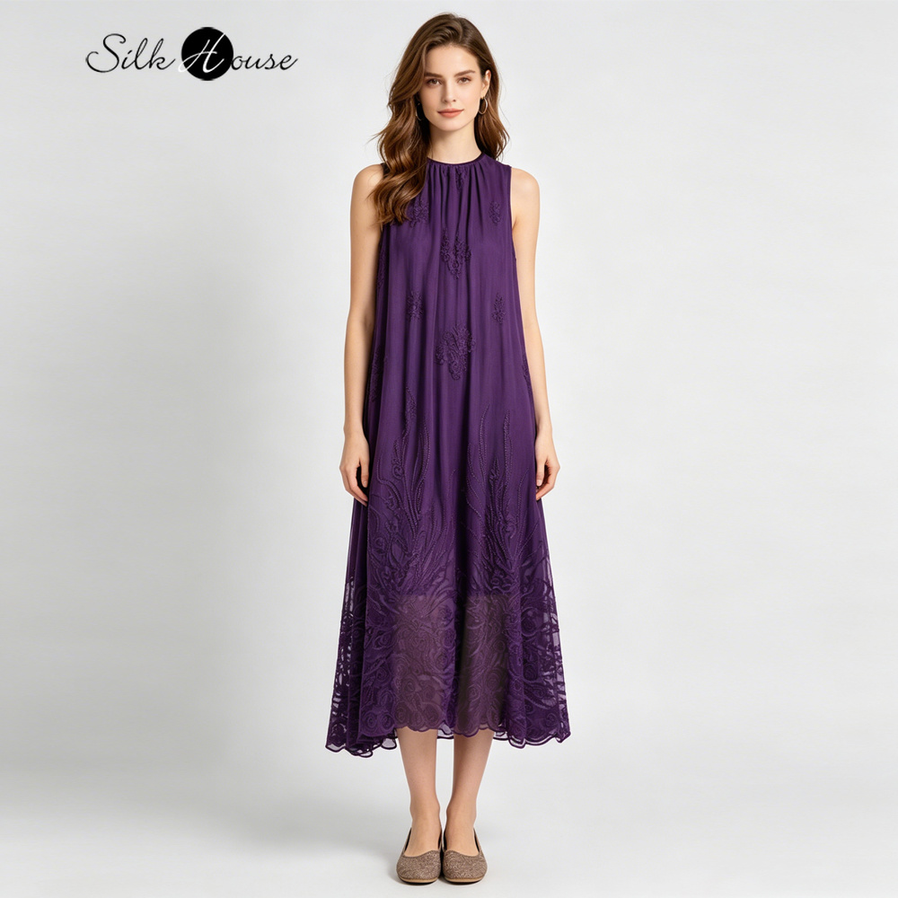 Robe de soirée décontractée pour femme, nouvelle collection été, élégante, en soie de mûrier naturelle, broderie riche, col rond, longue, violette
