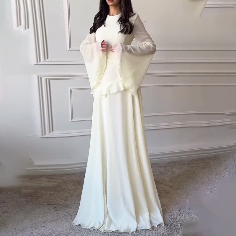 Robes pour femmes élégantes, col rond, couleur unie, à volants, robe de soirée plissée, manches évasées, à nouer, vêtements féminins Slim, printemps automne