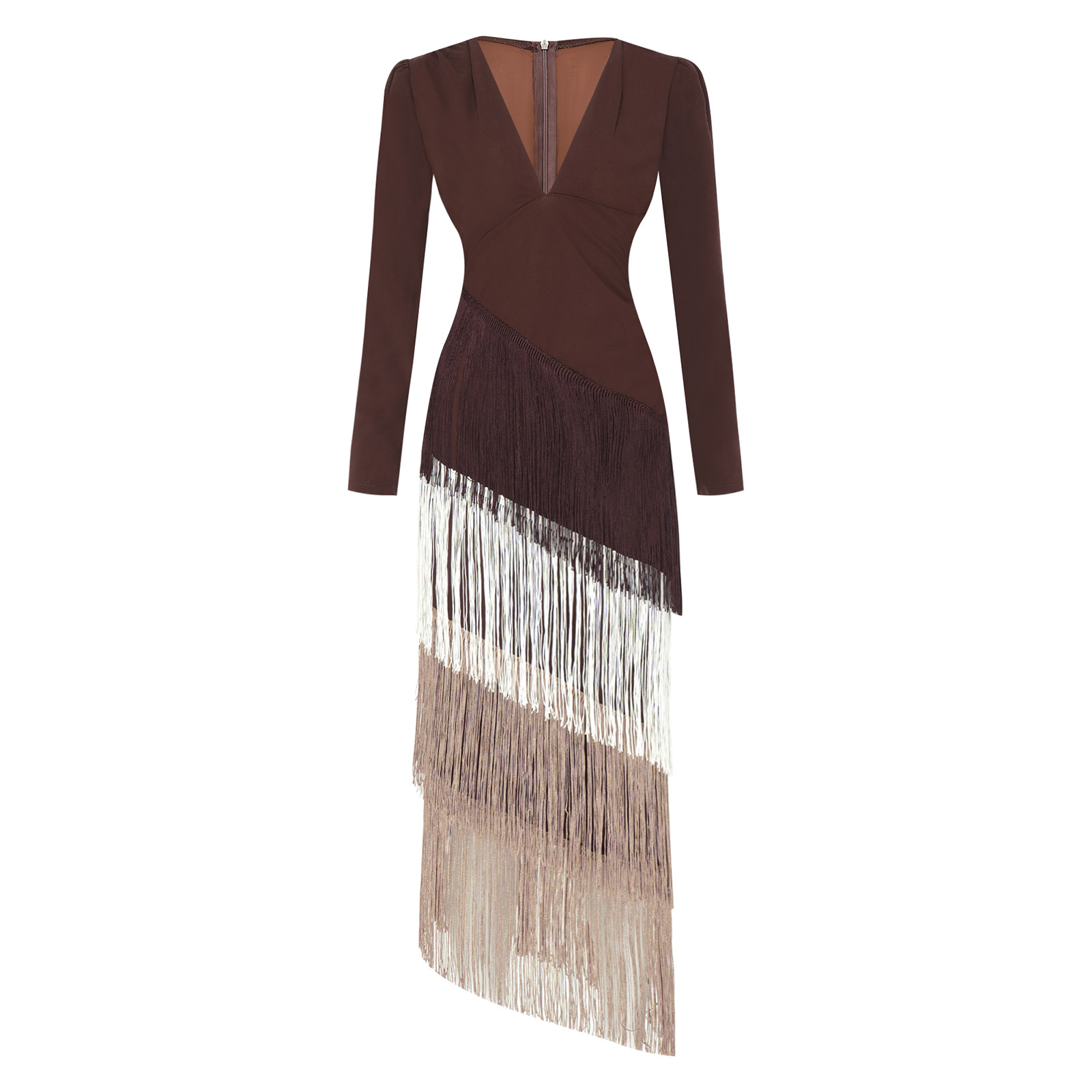 Robe moulante à franges et volants pour femme, col en V profond, manches longues, idéale pour soirée, demoiselle d'honneur ou cocktail