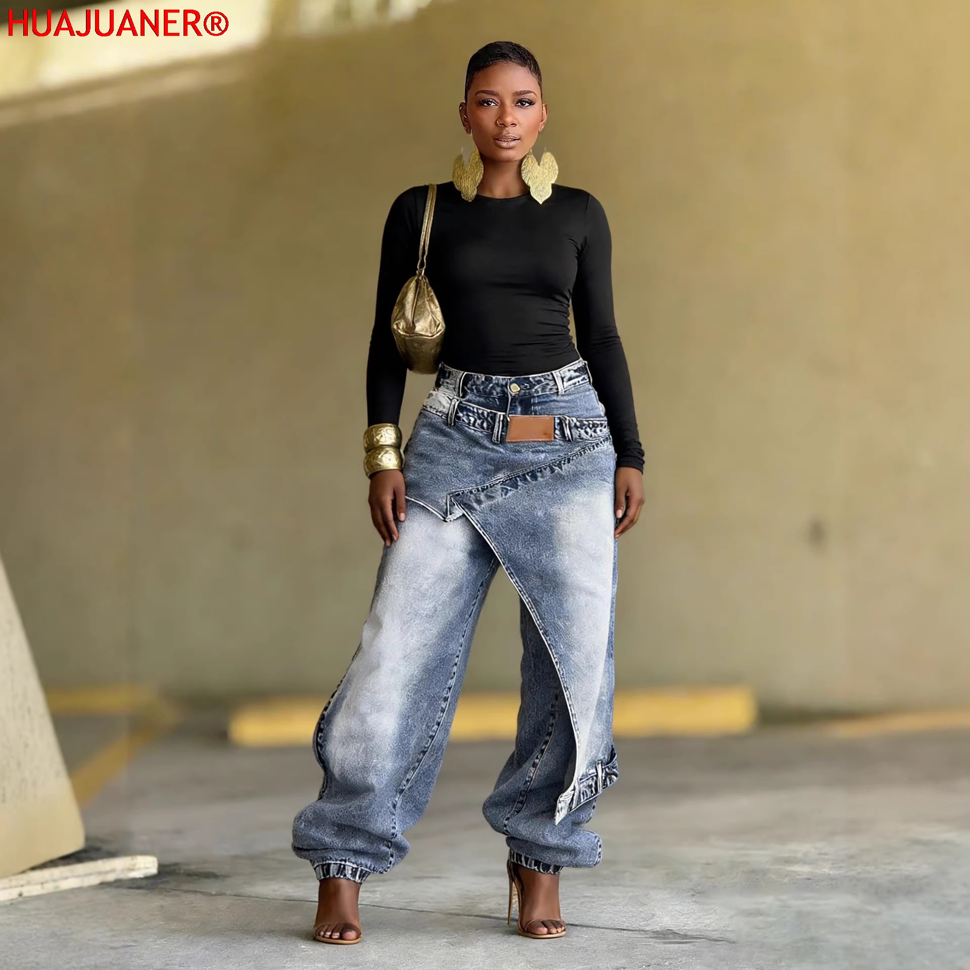 Jeans Femme Vintage Coupe Large Denim Délavé Streetwear Patchwork Patches Pantalon Droit Effet Usé Longueur Ras du Sol 2026