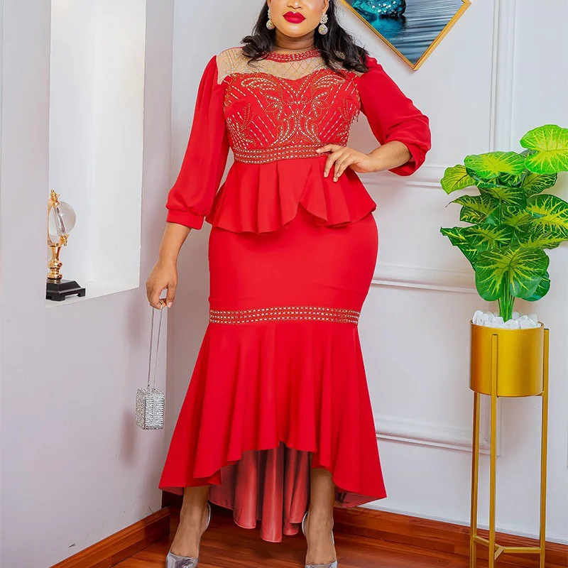 Vêtements de fête de mariage africains personnalisés pour femmes printemps femmes africaines à manches longues Polyester 2 pièces ensembles haut jupe correspondant S