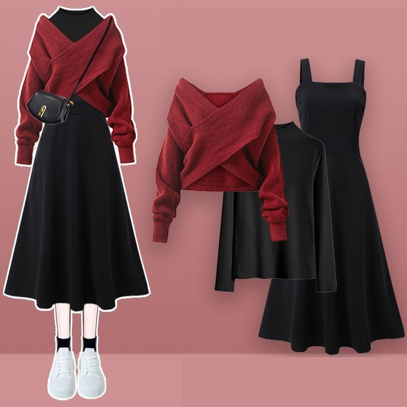 Ensemble 3 pièces chic pour femme : pull en maille croisée élégant, chemise et robe noire à bretelles – Nouvelle collection hiver 2026