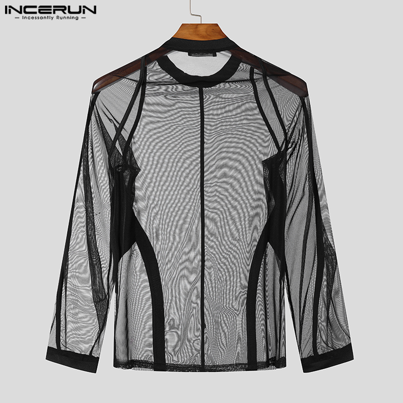 Mode Clubwear Style hauts INCERUN hommes ajustement serré contraste épissage T-shirt Sexy maille transparente mince à manches longues Camiseta