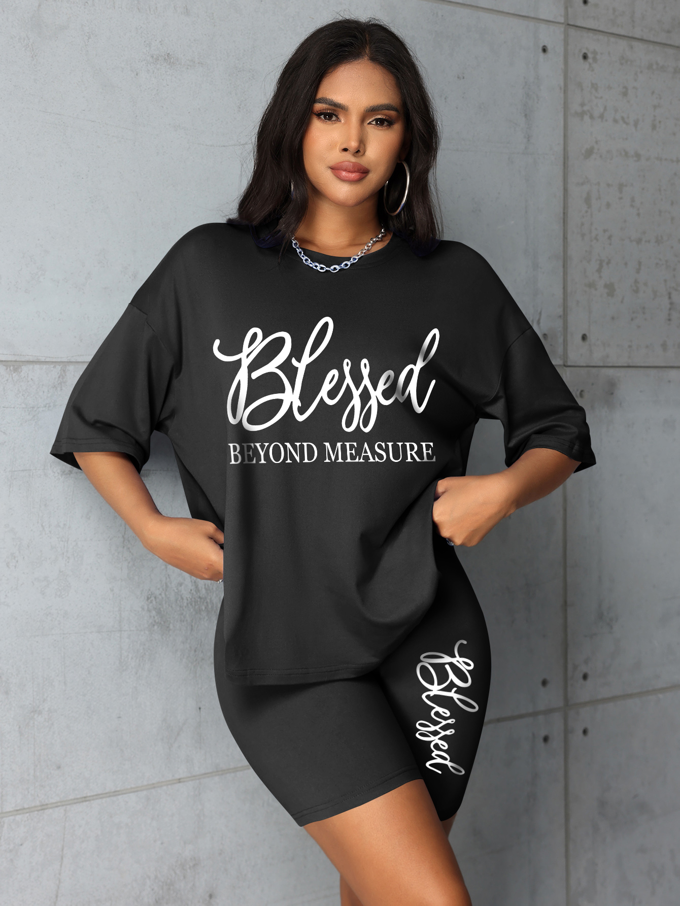 Ensembles Grande Taille pour Femmes – Nouveautés Été 2 Pièces Imprimées « Blessed » – Offres et Liquidations – Tout à Prix Abordable – Ensembles Courts Élégants pour Femmes