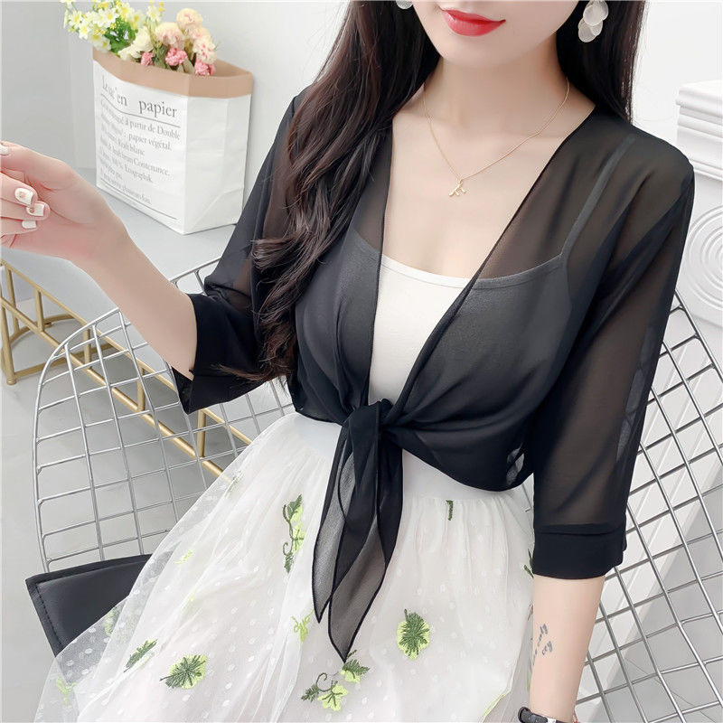 Cardigan en mousseline de soie transparente pour femme, châle d'été, couleur unie, pour protection du cou, écharpe en soie, R13