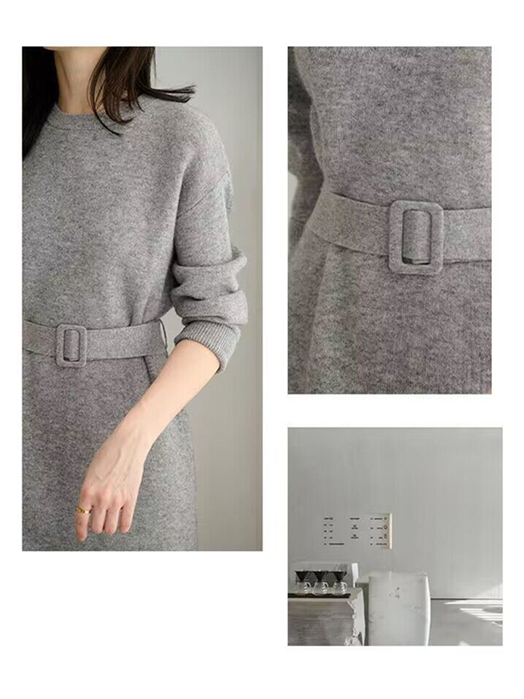 Robe tricotée mi-longue pour femmes, col rond, manches longues, tenue de soirée élégante, rose, gris, ligne a, pull, automne hiver 2023