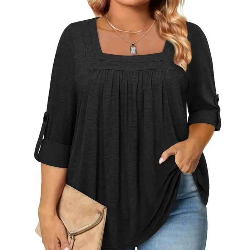 Grande taille été 1XL-5XL femmes à la mode couleur unie col carré Blouse dames décontracté été couleur unie Blouse chemise hauts