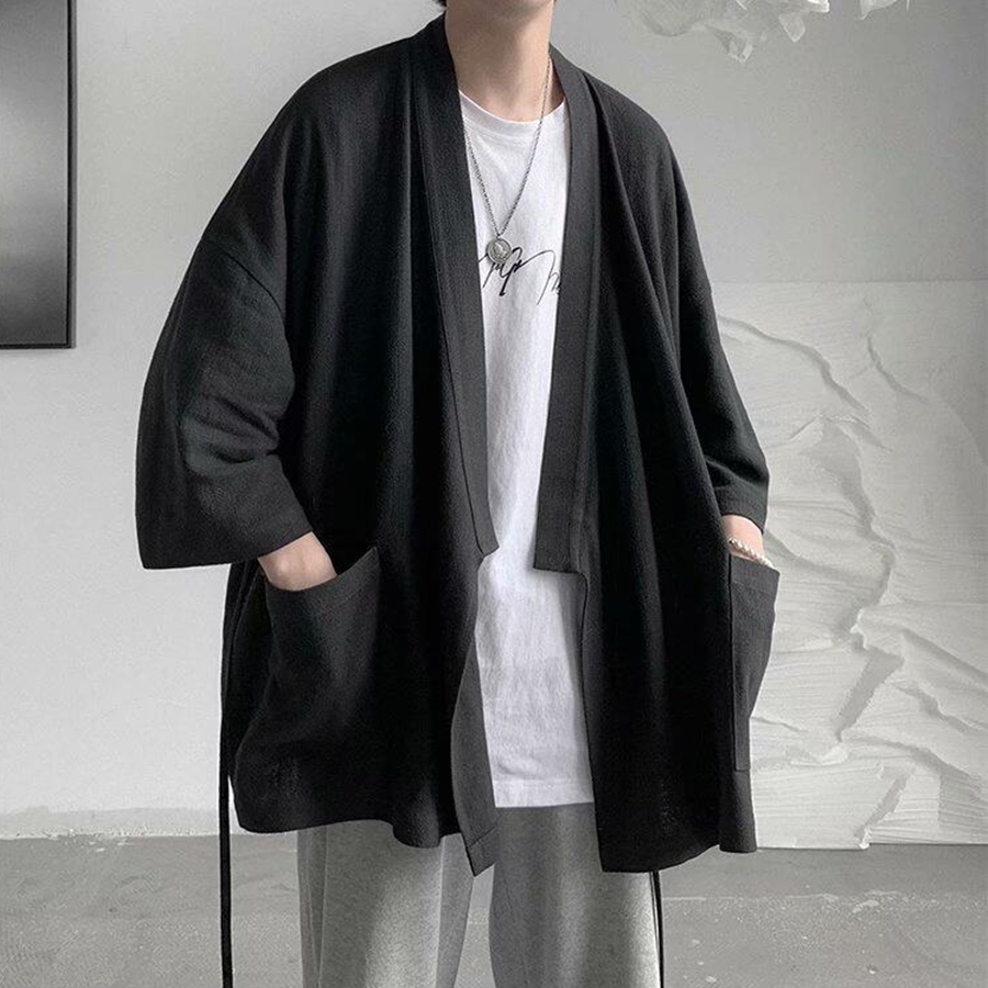 Robe longue en lin de style chinois pour hommes, kimono d'été, cardigan ethnique, veste ouverte sur le devant, coupe ample, haut décontracté vintage FF6252