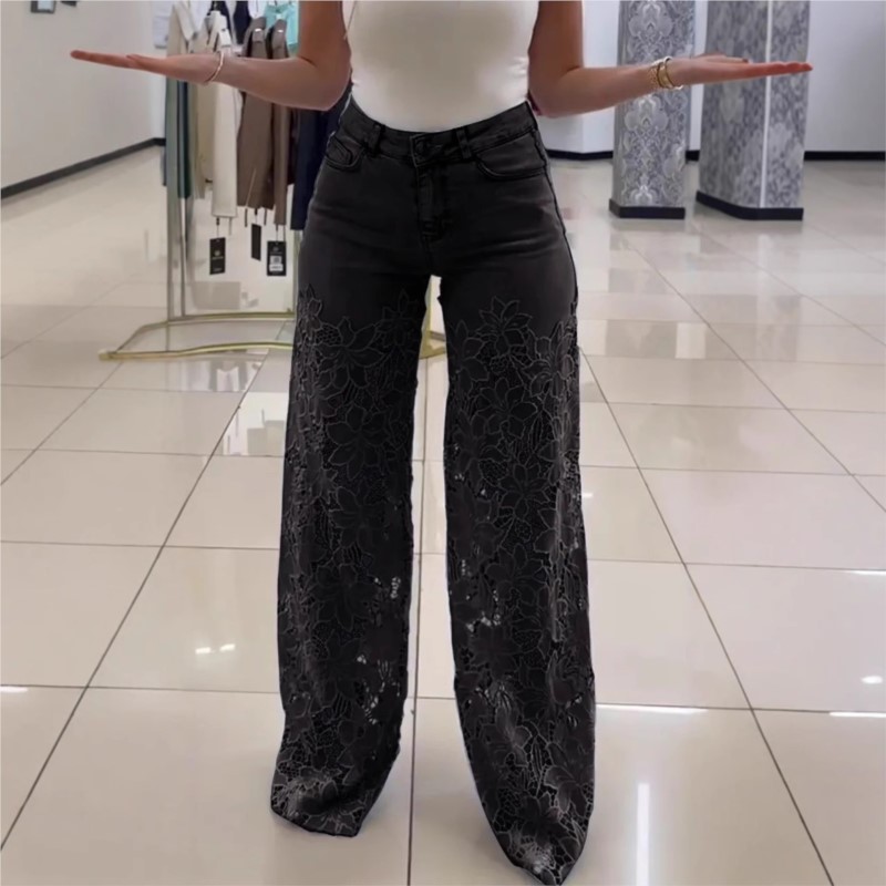 Jean élégant en dentelle pour femmes, taille haute, Patchwork, ajouré, surdimensionné, décontracté, ample, assorti avec tout, printemps