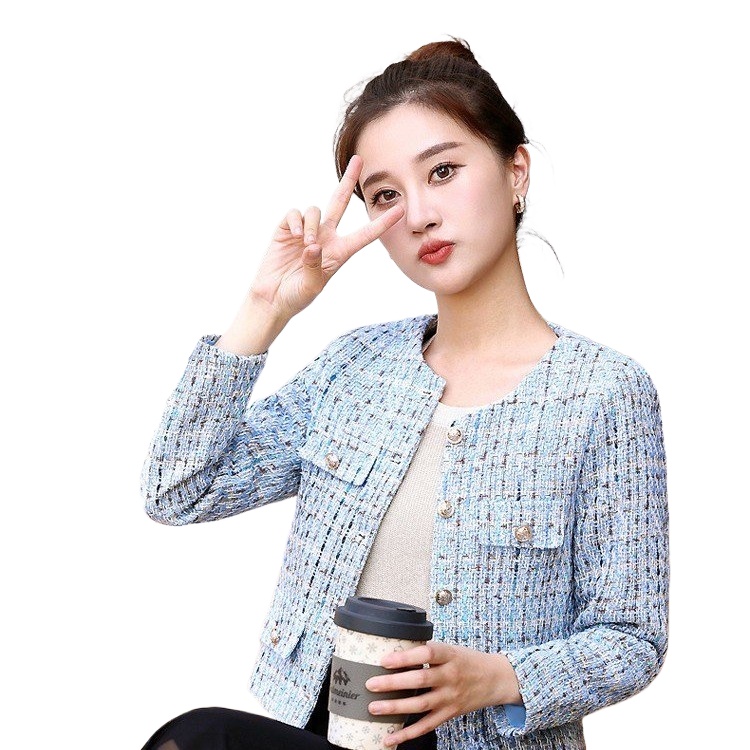 Veste coréenne en Tweed pour femmes, manteau Simple à manches longues, élégant, Slim, Chic, col rond, point ouvert, vêtements d'extérieur, nouvelle collection