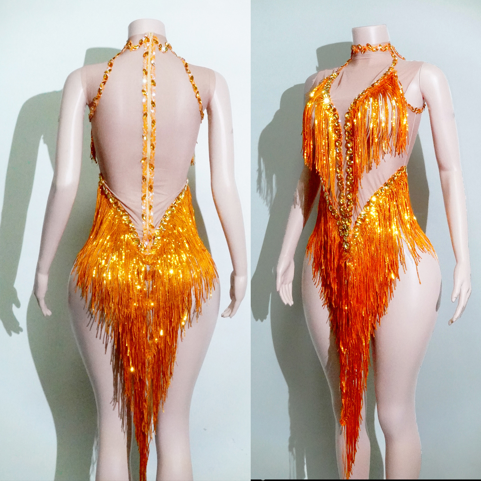 Jupe pour femme à franges, sequins et strass, en maille transparente, robe de soirée d'anniversaire, costume de danse latine, performance scénique, boîte de nuit, bar