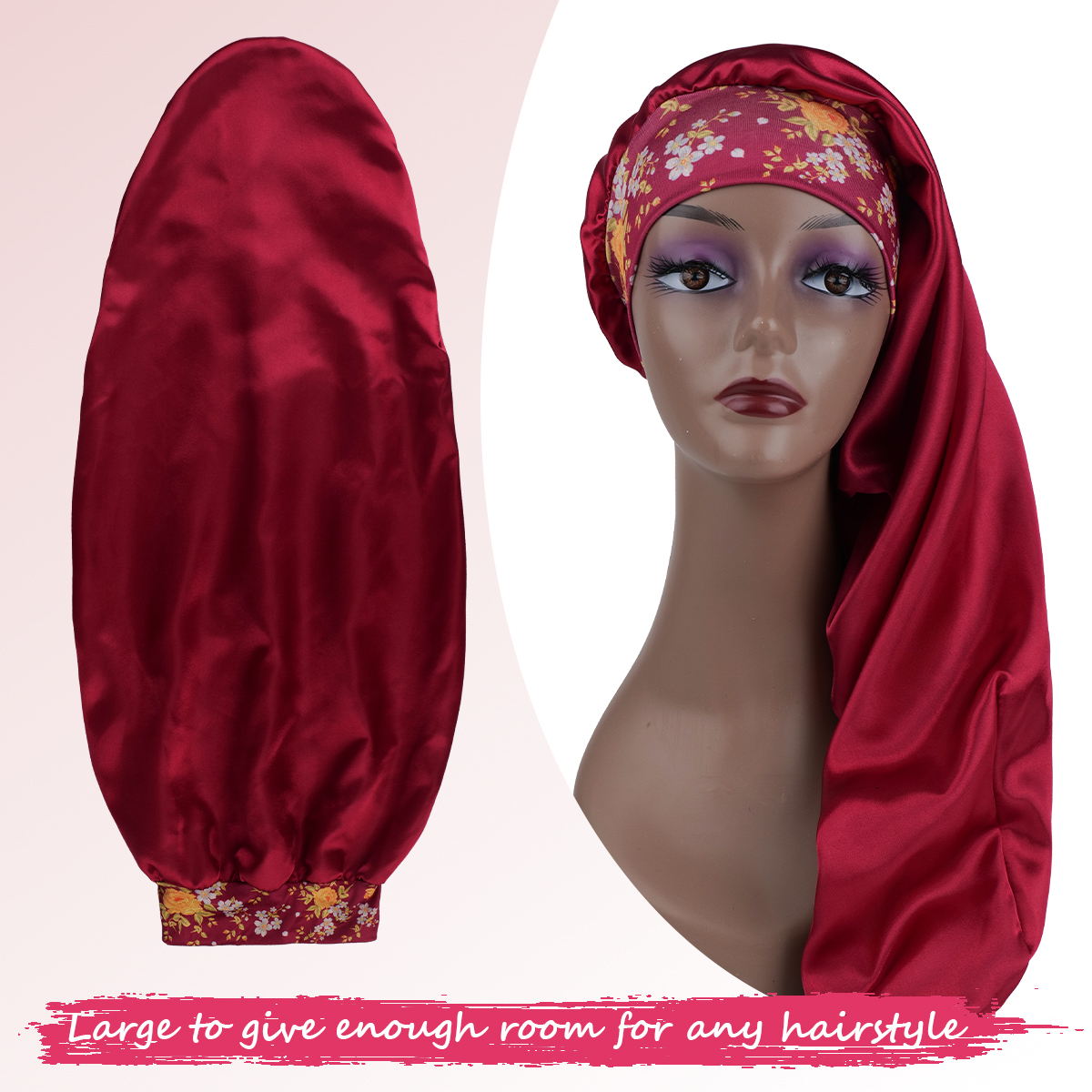Bonnet de nuit en satin extra long pour femme – Surdimensionné, réglable, respirant pour cheveux bouclés et naturels