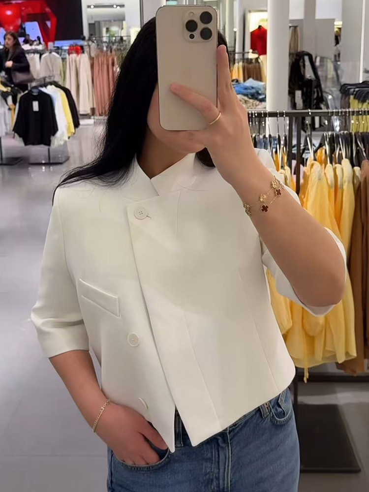 Veste Courte Unie pour Femme, Manteau Chic et Décontracté à Col Semi-Montant et Manches Courtes, Idéal pour le Printemps