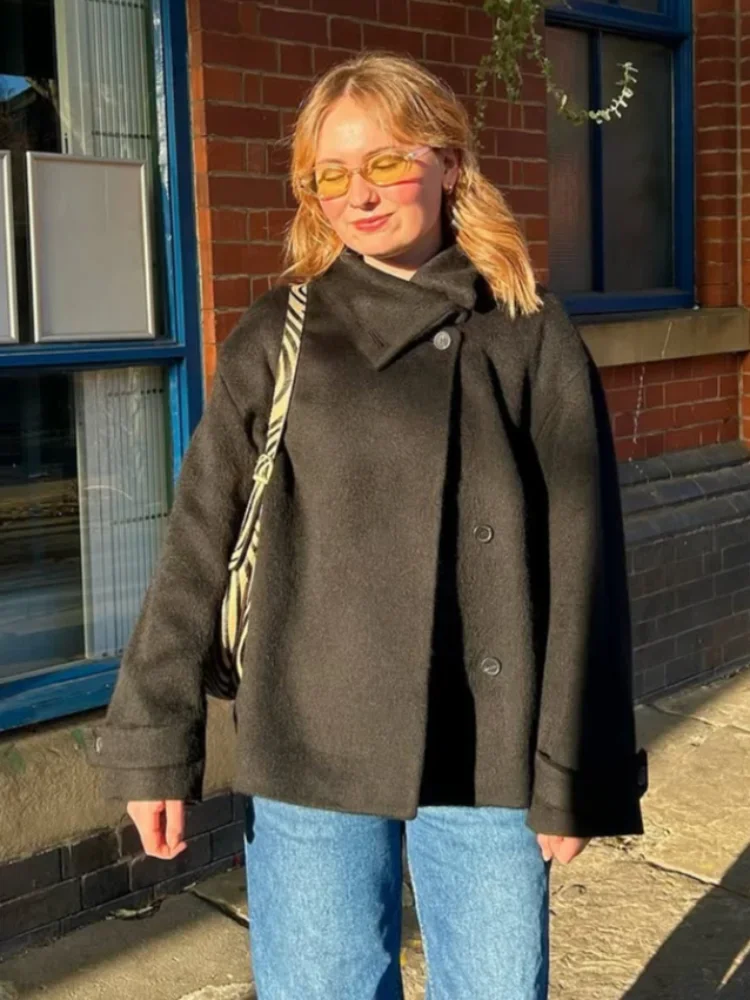 Femmes mode solide laine manteaux décontracté col haut manches longues simple boutonnage ample recadrée manteau dame rue loisirs vêtements d'extérieur