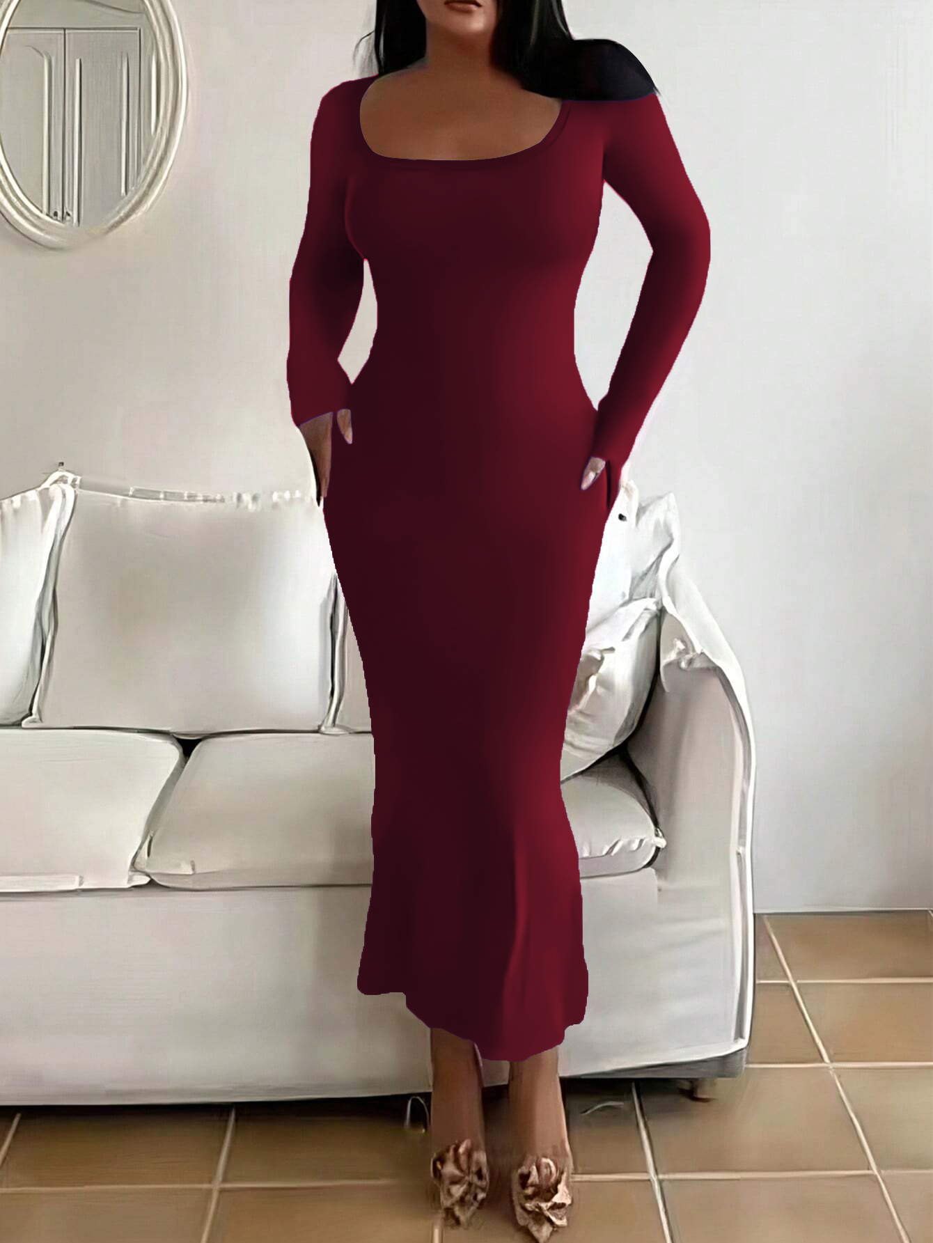Robe longue à manches longues pour femmes, grande taille, coupe cintrée, robe moulante extra longue à col carré pour femmes