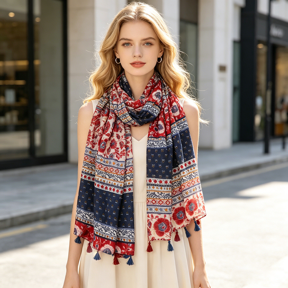 Écharpe bohème à imprimé floral pour femmes avec pompons, châle ethnique léger, 180x88cm, foulard tendance pour tenues décontractées quotidiennes