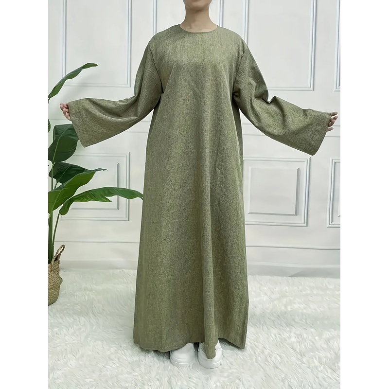 Robe longue de style kaftan, ample, à manches longues, de couleur unie, à col rond, idéale pour le Ramadan, élégante et décontractée, pour femmes.