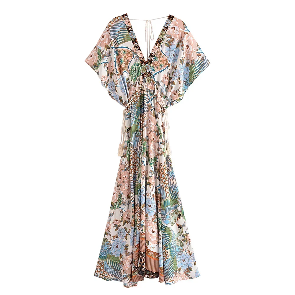 Boho Queens Women Peacock Floral Print Bat Sleeve Beach Bohemian Maxi Dresses Ladies V Neck Tassel Summer Rayon Dress