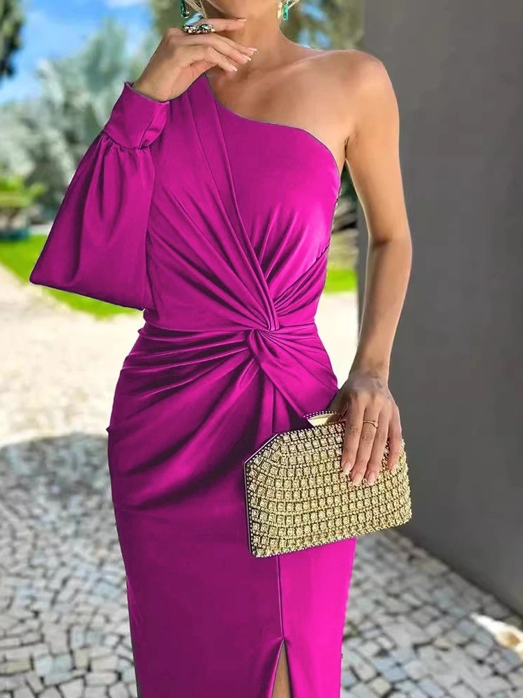 Robe élégante et Sexy à épaules dénudées pour femmes, mode col diagonale, sans manches, paquet de robes de hanche, Robe de soirée formelle