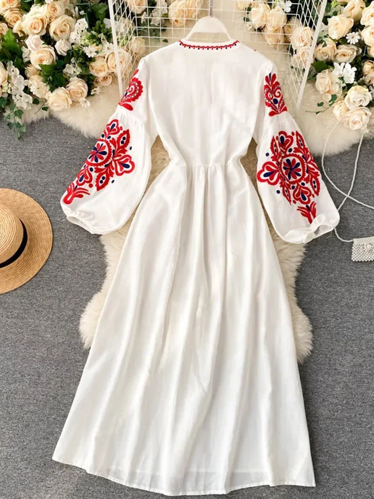 Robe plissée à fleurs brodées bohème pour femmes, col rond, manches lanterne, taille haute, tout match, éducatif, femme, automne, PL393