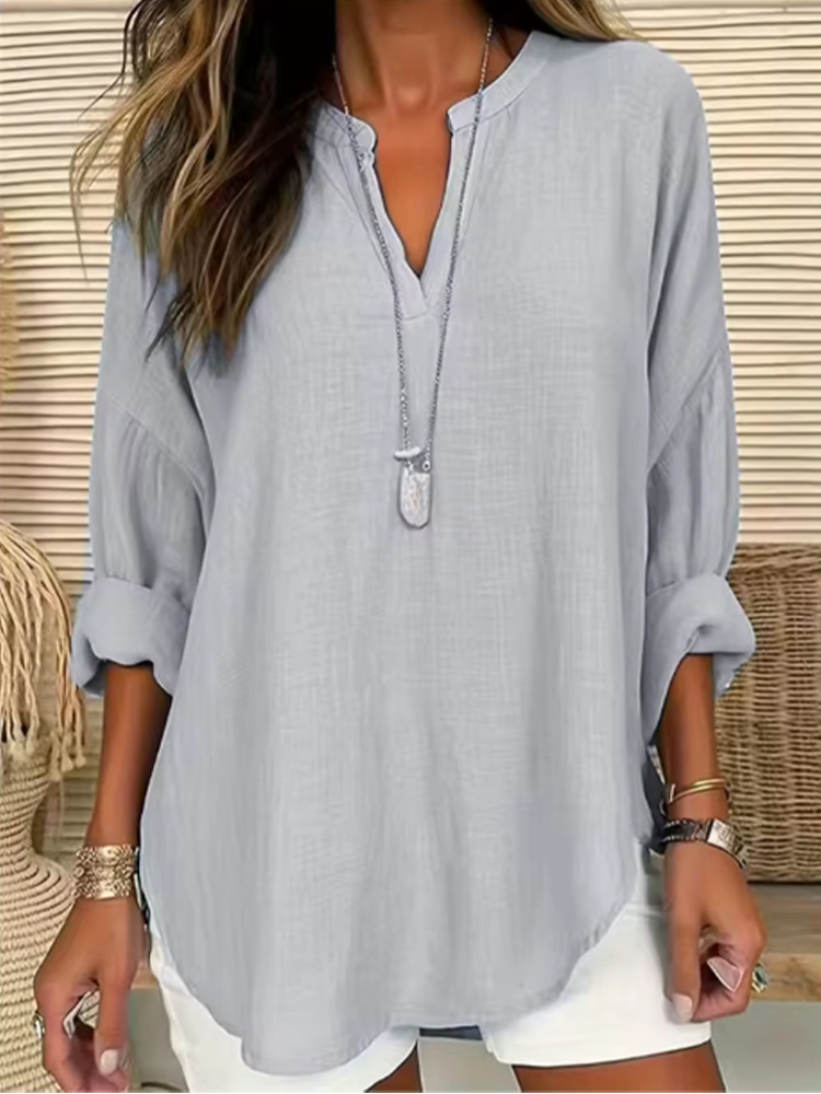 T-Shirt manches longues col en v pour femmes, décontracté, ample, mode automne, haut bleu élégant, vêtements de travail pour dames de bureau