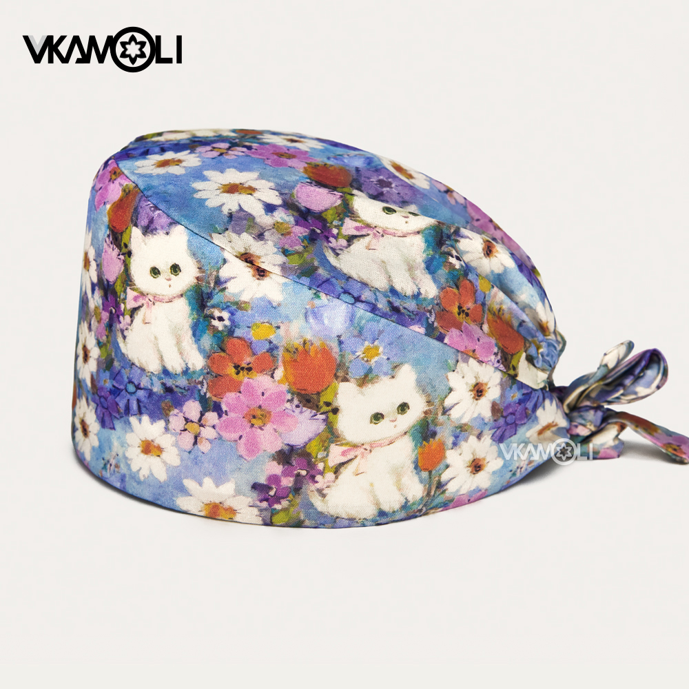 Chapeau chirurgical de médecin imprimé de fleur de chat blanc, casquette de gommage 100% coton, chapeau de travail médical pour soins infirmiers, chapeau de gommage pour laboratoire et vétérinaire