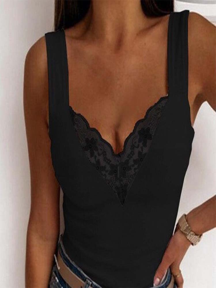 Femmes col en v profond dentelle gilet Sexy T-shirt coupe ajustée haut monochromatique mode été 2024
