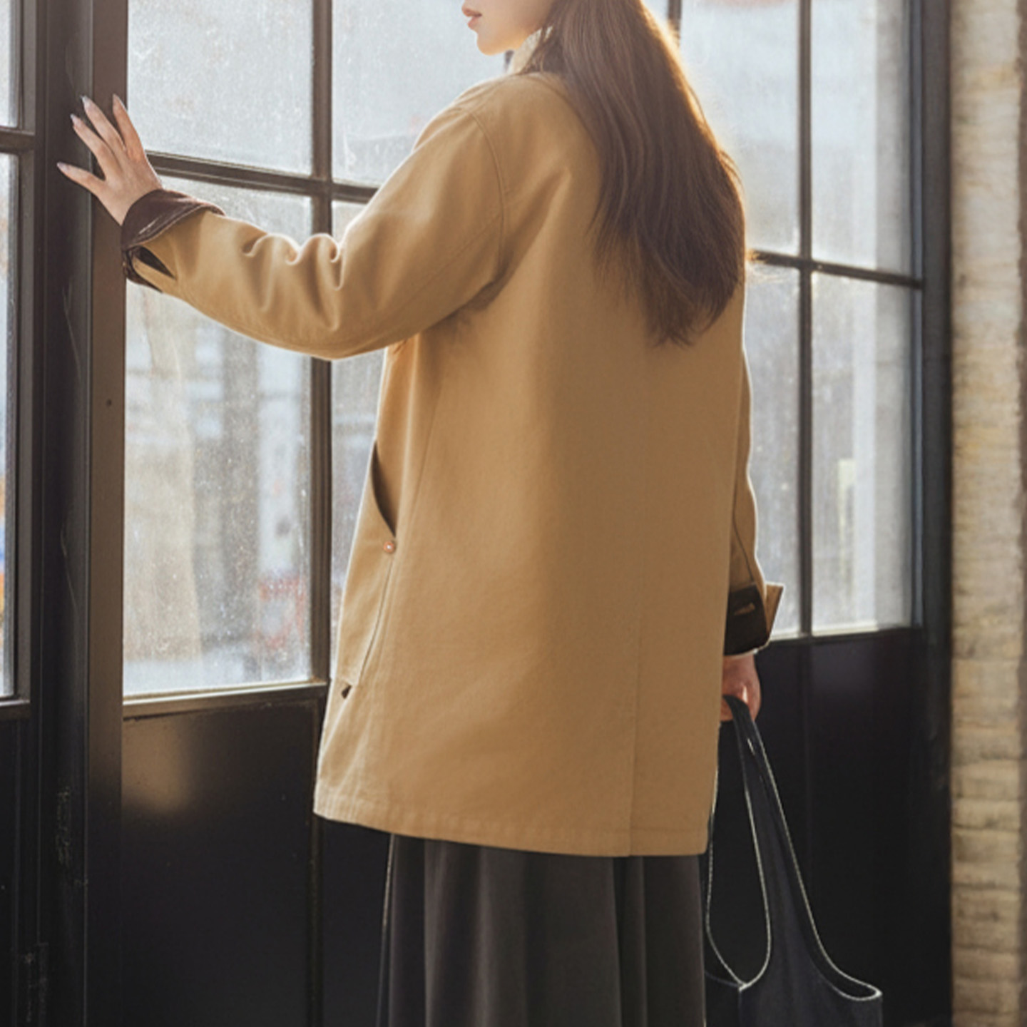 Maden femme kaki mi-longue toile veste col velours côtelé vêtements de travail manteau coupe ample rétro automne hiver vêtements d'extérieur