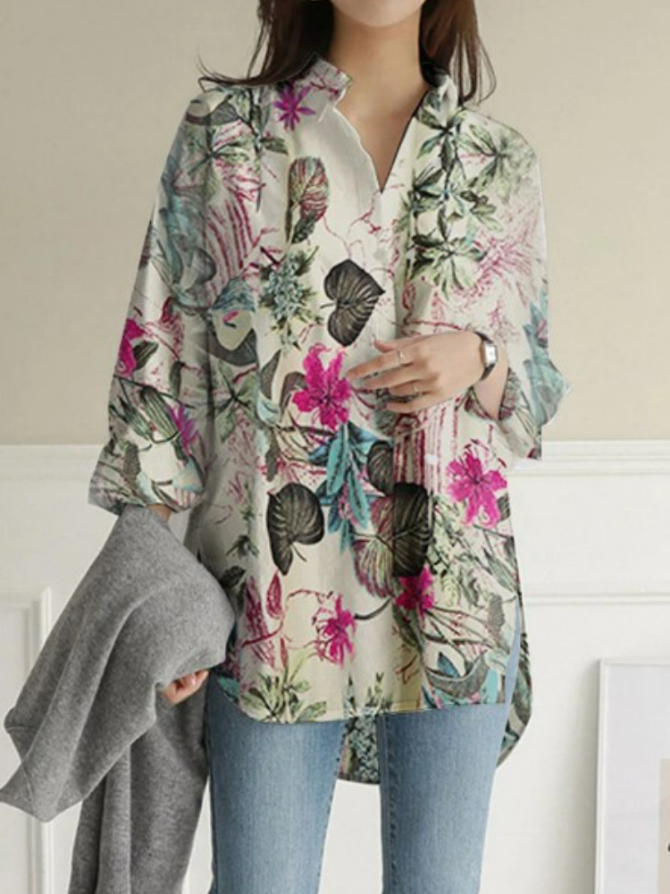 Chemisier à manches longues pour femme, élégant, ample, grande taille, en coton et lin, imprimé, à la mode, 2023
