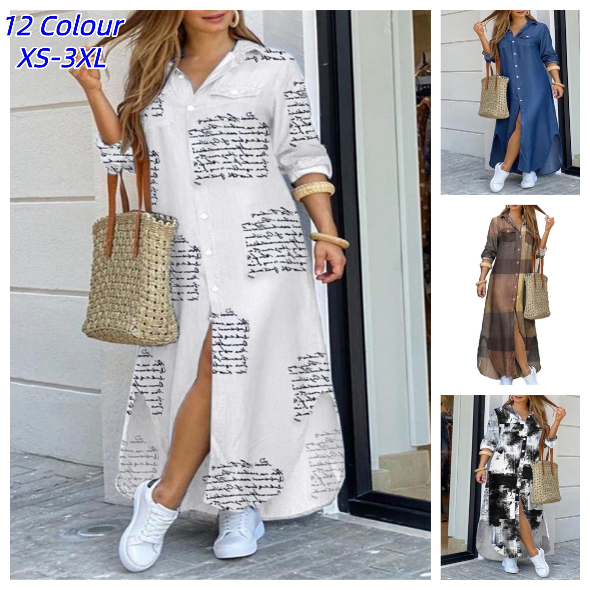Robes pour femmes tendance, sexy, à simple boutonnage, col à revers, décontractées, avec imprimé littéraire, style chemise longue