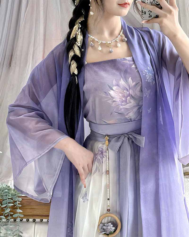 Robe Hanfu chinoise pour femmes, Costume de Cosplay de la dynastie des chansons, Cardigan Long violet, jupe Camisole violette