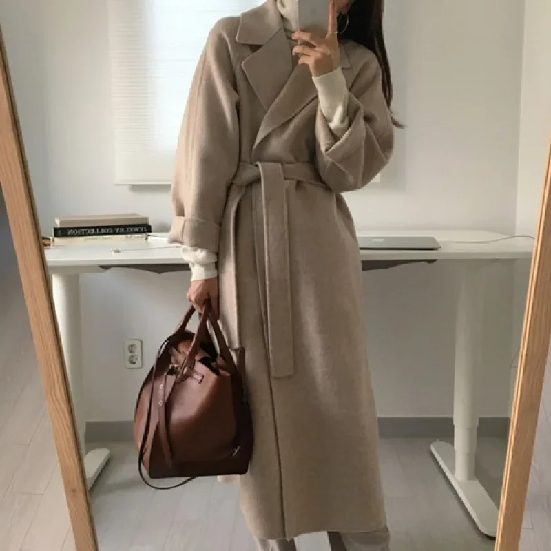 Manteaux longs en laine pour femmes, taille Midi, ceinture à lacets, mélange d'épissure, Cardigan à manches longues, solide, épais, chaud, vestes droites pour l'hiver