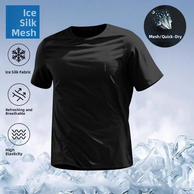 T-shirt Homme à Manches Courtes en Soie Glacée Séchage Rapide, Maille Respirante, Coupe Ample, Haut Décontracté d'Été en Fibre de Polyester, Col Rond Imprimé