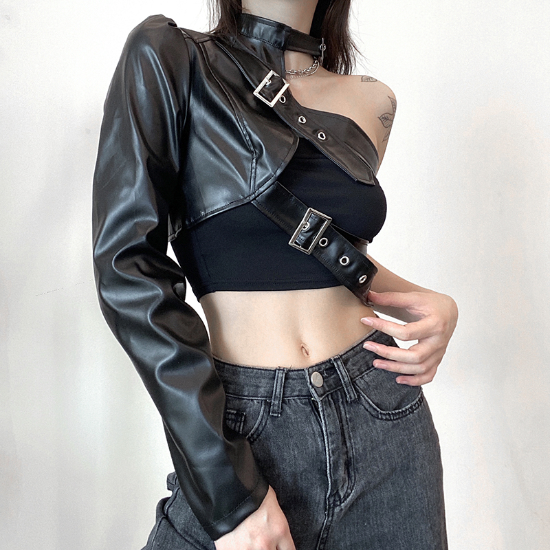 Haut court Style Punk pour femmes, Cool, manches longues, cintre de cou, ceinture en cuir, hauts connectés, vestes Streetwear